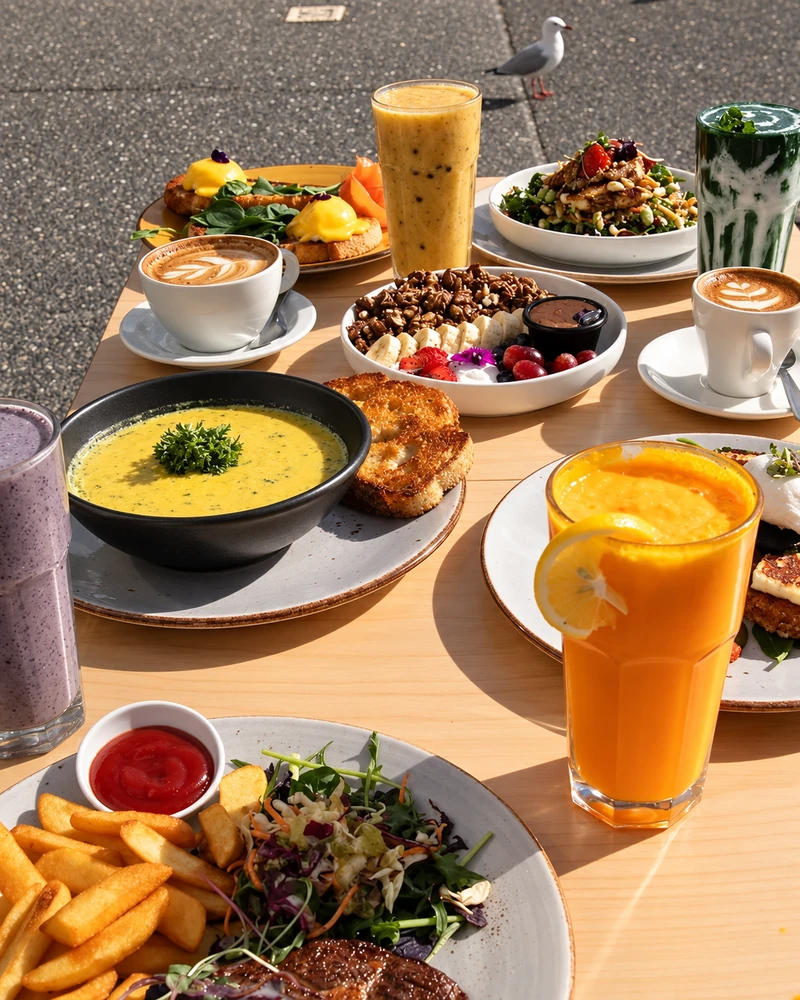 A table filled with lunch dishes and drinks at Sidetrack cafe