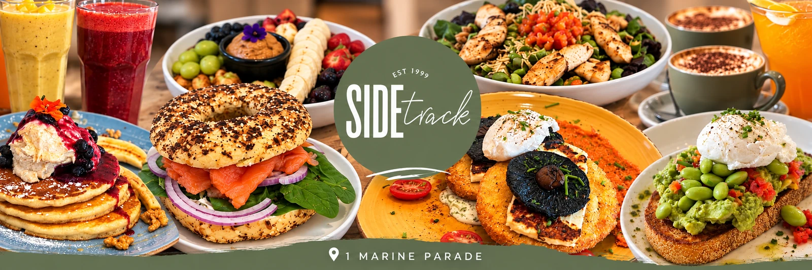 A spread of Sidetrack cafe dishes with the Marine Parade address visible